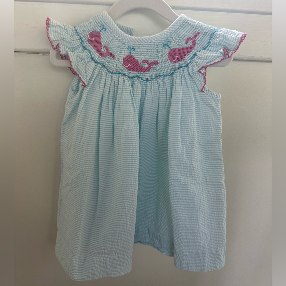 Blue Seersucker Striped Dress with Pink Whale Embroidery, Size 12M